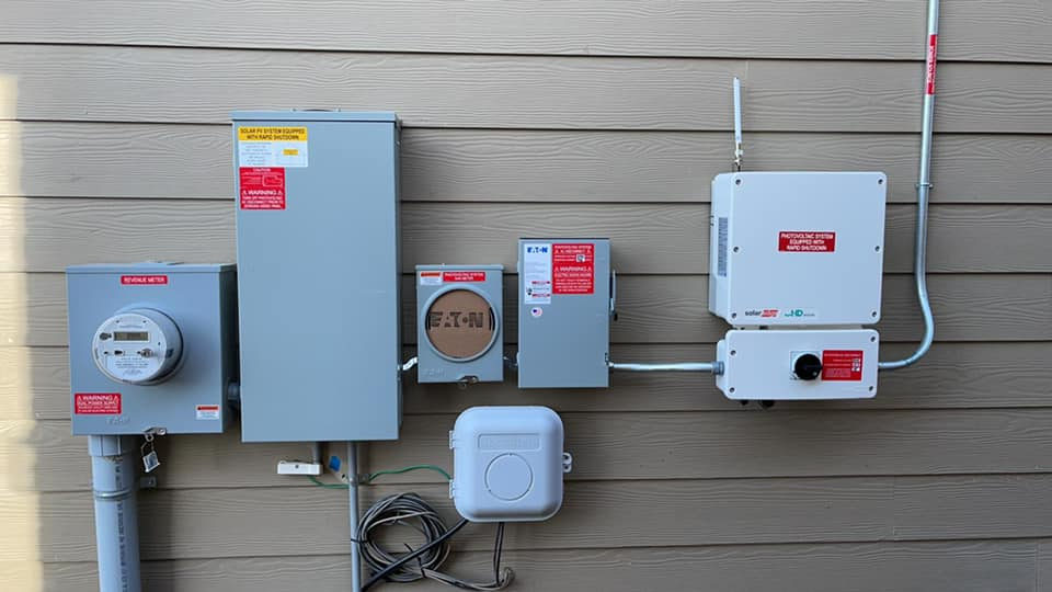 A completed solar interconnection on the side of a house: revenue meter, PV disconnects, an Eaton fused disconnect and a SolarEdge inverter, all labelled with rapid-shutdown placards.